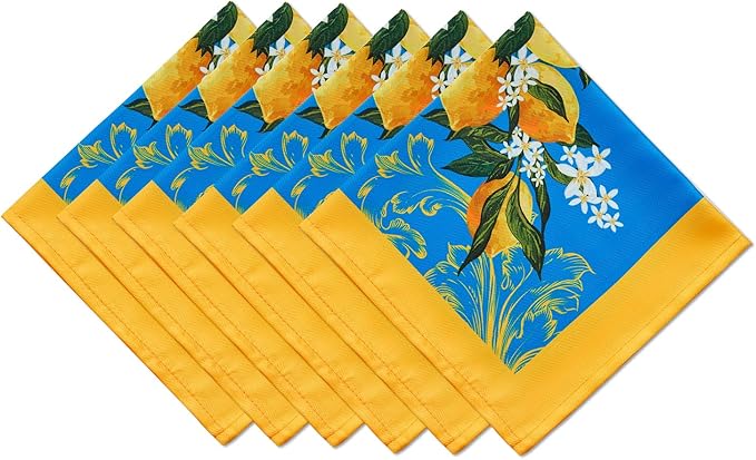YiHomer Provence Blue Lemon Mediterranean Tile Tabletop for Spring Summer Decorations, Picnics and Dinner Parties - Indoor Outdoor, Stain and Water Resistant, Napkin Set, 20 x 20