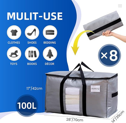 TAILI Extra Large Moving Bags, 8 Pack Silver Heavy Duty Totes for Storage with Visible Window, Wrap Around Handles, Storage Bags for Space Saving, Alternative to Moving Boxes