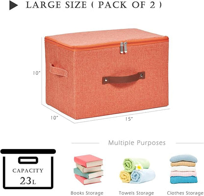 2 Pack Storage Bins with Zipper Lid Cotton Linen Fabric Lidded Storage Baskets Boxes Foldable Washable Closet Shelf Clothes Organizer Container with PU Leather Handles (Orange, Large)