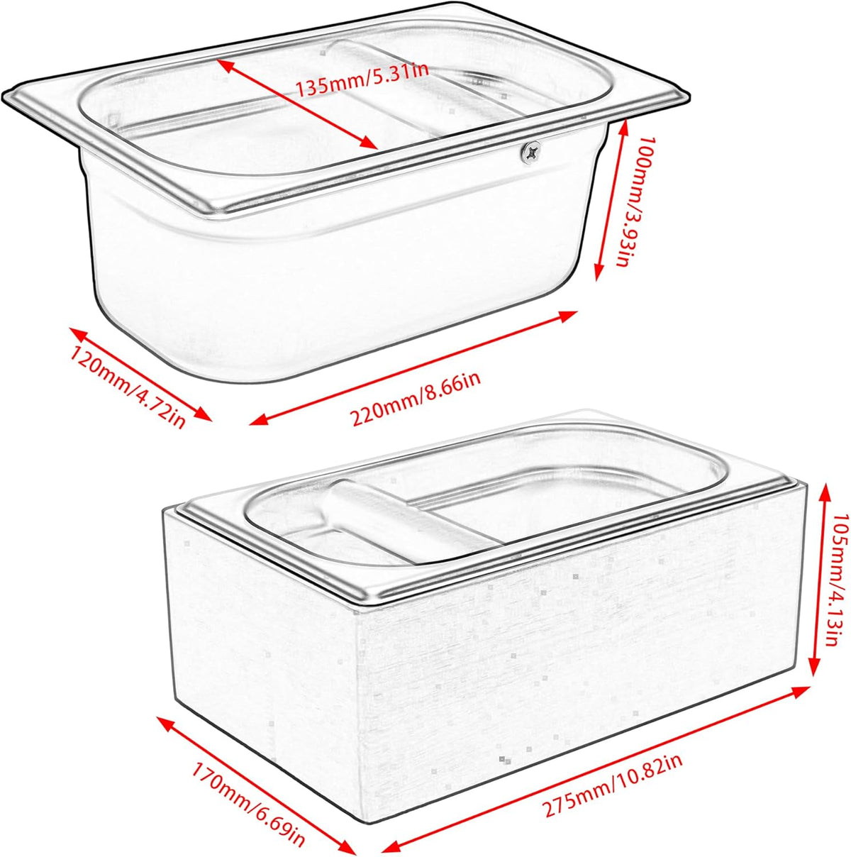 Knock Box Espresso, Coffee knockbox with Rubber Knock Bar and Anti-slip Pad, Commercial Use Large Capacity, Stainless Steel and Wooden