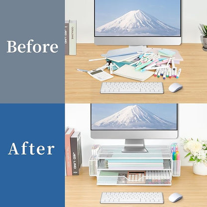 AUPSEN Computer Monitor Stands Riser，2-Tier Desk Organizers and Accessories, Office Desk Accessories Organizer with Drawers and 2 Pen Holder for Office Supplies (White)