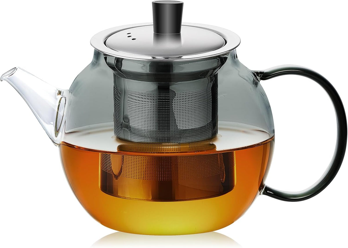 28OZ Glass Teapot with Infuser Stovetop Safe, 800ml Borosilicate Glass Kettle Tea Pot with Infusers tea infuser pot for loose leaf tea, tea Maker brewer, Dishwasher Safe, tetera para te(Dark Gery)