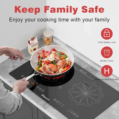 2 Burner Electric Cooktop - 24 Inch Electric Stove Built-in and Countertop, Portable Two Burner Ceramic Cook Top with Child Lock, Timer, Sensor Touch Control, 110V - 120V Plug in