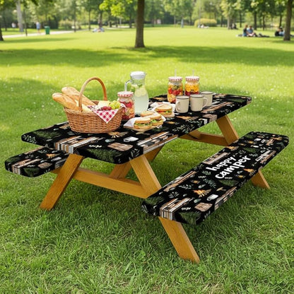 JAWO Picnic Table Cover with Bench Covers, Happy Camper Tablecloth,RV Plants Bonfire Black Rectangle Tablecloth for Indoor Outdoor Patio, 60x30 Inch