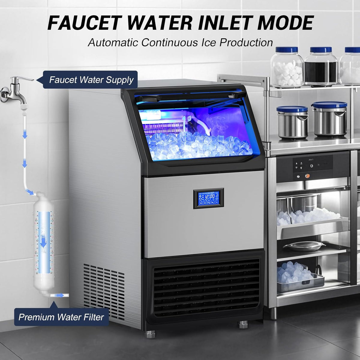 450Lbs/24H Under Counter Commercial Ice Machine with 160LBS Large Storage Bin, Stainless Steel Freestanding Ice Maker for Home Bar Cafe, Include Water Filter and Ice Scoop,Self Cleaning
