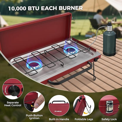 CAMPLUX Safari 2 Burner Propane Camping Stove 20,000 BTU, Portable 2 Burner Propane Camping Grill Stove with Foldable Legs, Push-Button Ignition, CSA Certified Regulator & Hose for Outdoor Cooking