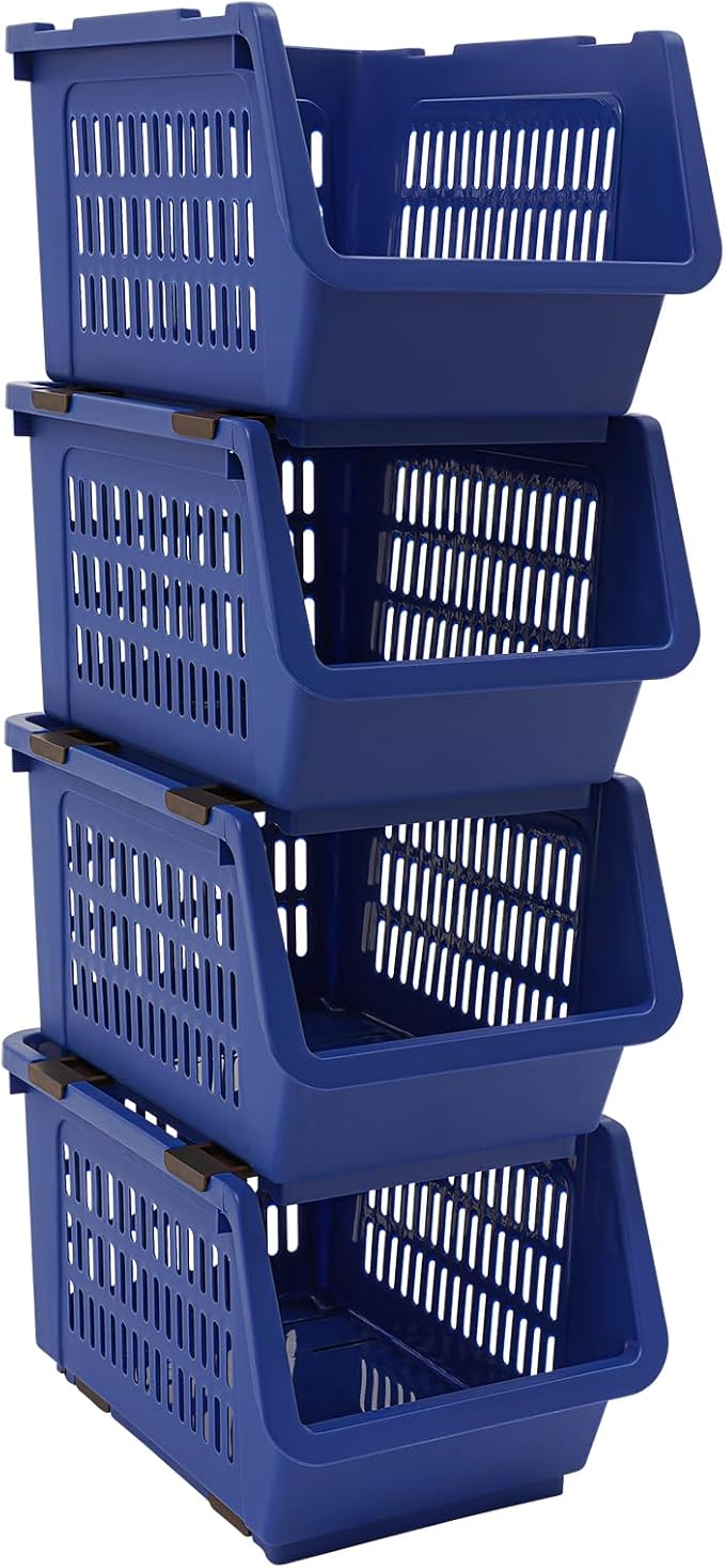 4-Pack Stackable Storage Baskets with 2 Wheels, Large Capacity 38.58 lbs Stackable Storage Bins Open Front, Space Saving Home Organization for Kitchen Bedroom Office (Blue, 9.5*13.4*29.9 in)