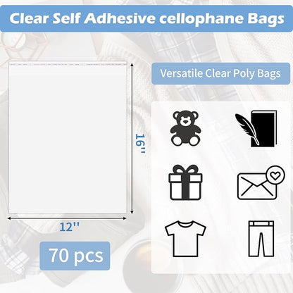 Cellophane Bags, 70 Pcs Resealable Clear Poly Bags for Clothes, Shirt Bag, Decorative Wrappers, Party Favors & Artwork(12x16)
