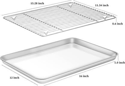 Deedro Baking Sheet with Rack Set [2 Sheets + 2 Racks], Stainless Steel Baking Pan Cookie Sheets Oven Tray with Cooling Rack, 16 x 12 x 1 Inch