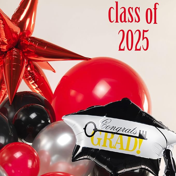 Black red and silver Balloon Garland Arch Kit 130Pcs with red and Silver Stars Graduation Certificate Graduation Cap crown GRAD Letters Mylar Balloons for 2026 GRAD Prom Decorations