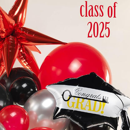Black red and silver Balloon Garland Arch Kit 130Pcs with red and Silver Stars Graduation Certificate Graduation Cap crown GRAD Letters Mylar Balloons for 2026 GRAD Prom Decorations