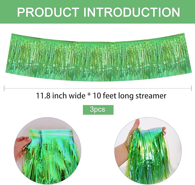 BEISHIDA 3 Packs Metallic Foil Fringe Garland Shining Green Wall Hanging Tinsel Fringe Banners for Car Floats Bridal Shower Wedding Birthday Easter Graduation Holiday Party Decoration(30 Feet)