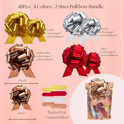 UNIQOOO Assorted Gift Wrap Pull Bow Set of 48, Medium 4'' Large 6'', Bulk for Gift Wrapping Basket Box Bag Décor, Valentines Day Wedding Birthday Christmas Anniversary, Metallic Rose Gold Red Sliver