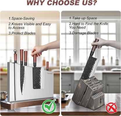 Magnetic Knife Holder Stand,Large Double Sided Magnetic Knife Block WIthout Knives Stainless Steel Magnet Kitchen Knife Holder Strong Magnetic Knife Rack Storage With Three Magnet Strip