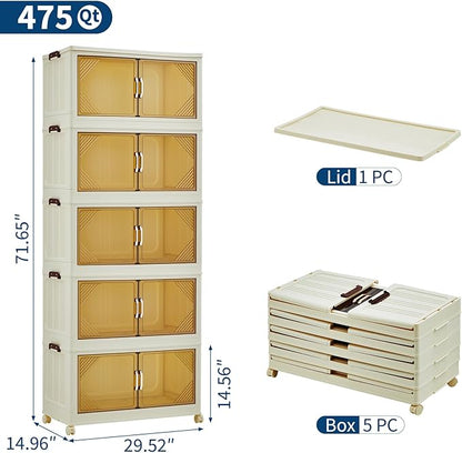 GarveeHome 475QT Stackable Storage Bins, Folding Storage Box with Magnetic Doors & Wheels, Loset Organizers and Storage with Lids, Collapsible Plastic Drawers for Bedroom Kitchen Office, White