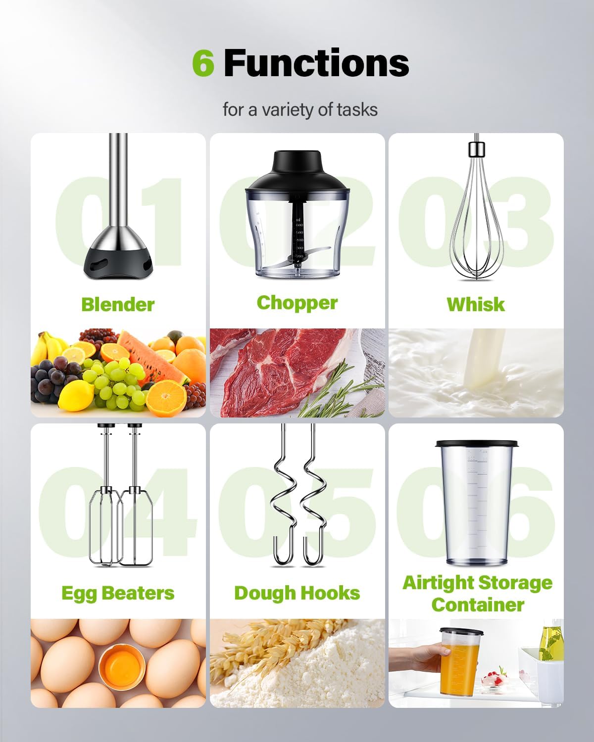6-in-1 Immersion Blender, 1000W Hand Blender with 20 Speeds, Scratch-Resistant Stick Mixer with Whisk, Chopper, Beaker, Egg Beaters & Dough Hooks