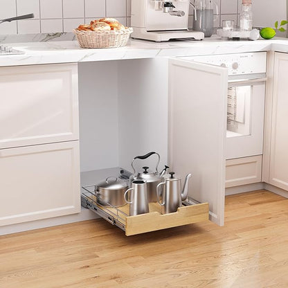 Sikarou Pull Out Cabinet Organizer,Heavy-Duty Slide Out Shelf, Wood And Wire Basket, Pull Out Drawer for for Kitchen Under Sink Space, Pantry, Bathroom (23 * 21 WM)