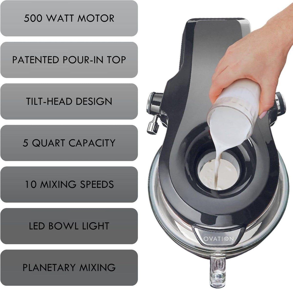 Kenmore 500W Oviation Stand Mixer - 10 Speed Mixing, Tilt-Head, Handheld Glass Bowl With Pouring Top Splash Guard, Flat Beater, Whisk, Dough Hook Attachments Countertop Kitchen Appliance, 5QT Grey