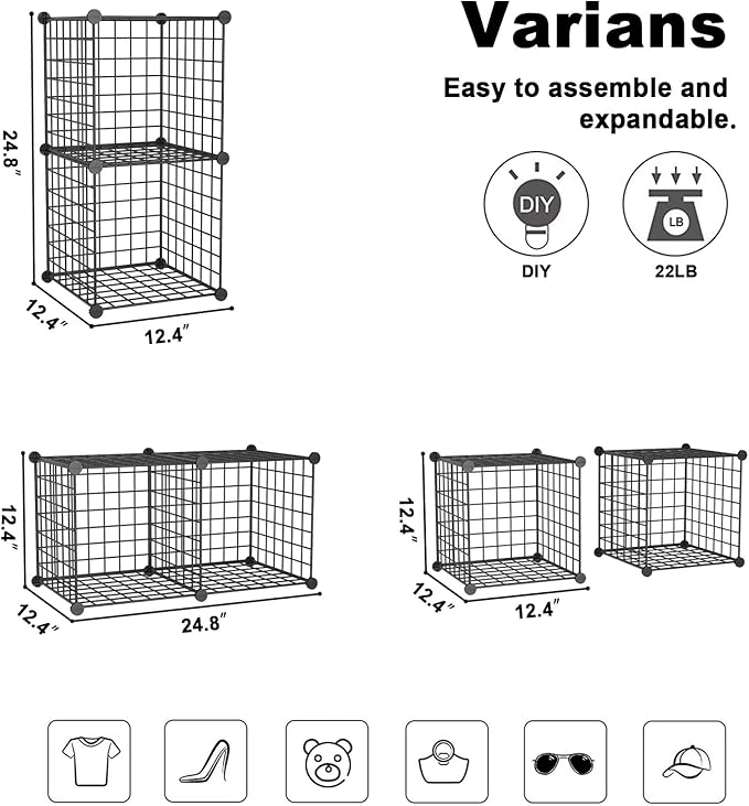 C&AHOME Wire Cube Storage, 2-Cube Storage Organizer Metal, C Grids Storage Bins Shelving, Modular Bookshelf Shelf, Closet Cabinet Ideal for Bedroom, Office 12.4”L x 12.4”W 24.8”H Black UWCS3002B