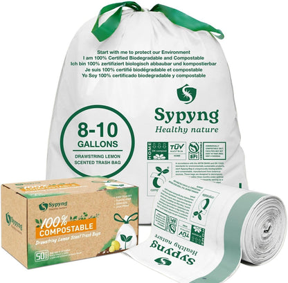 Compostable Kitchen Trash Bags 8-10 Gallon (50-Pack) – Heavy-Duty 1.1 Mil, 100% Biodegradable, ASTM D6400, BPI & OK Compost HOME Certified, Eco-Friendly, Leakproof & Odor Control