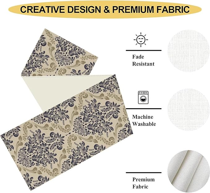 Blue Damask Table Runner, Boho Baroque Style Floral Flower Antique Classic Rustic Gothic Vintage Coffee Table Center Decor for Kitchen and Dining Outdoor Home Country Party Table Decorations, 13"x108"