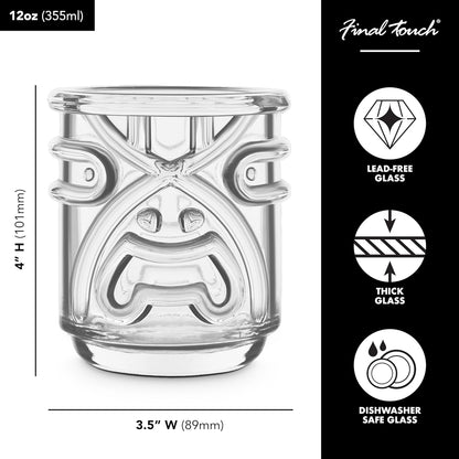 Final Touch Tiki Glasses Set of 4 - Kanaloa, Lono, Kū, Kāne Designs, 12 oz (355 ml), Clear, Stackable Totem Pole Storage