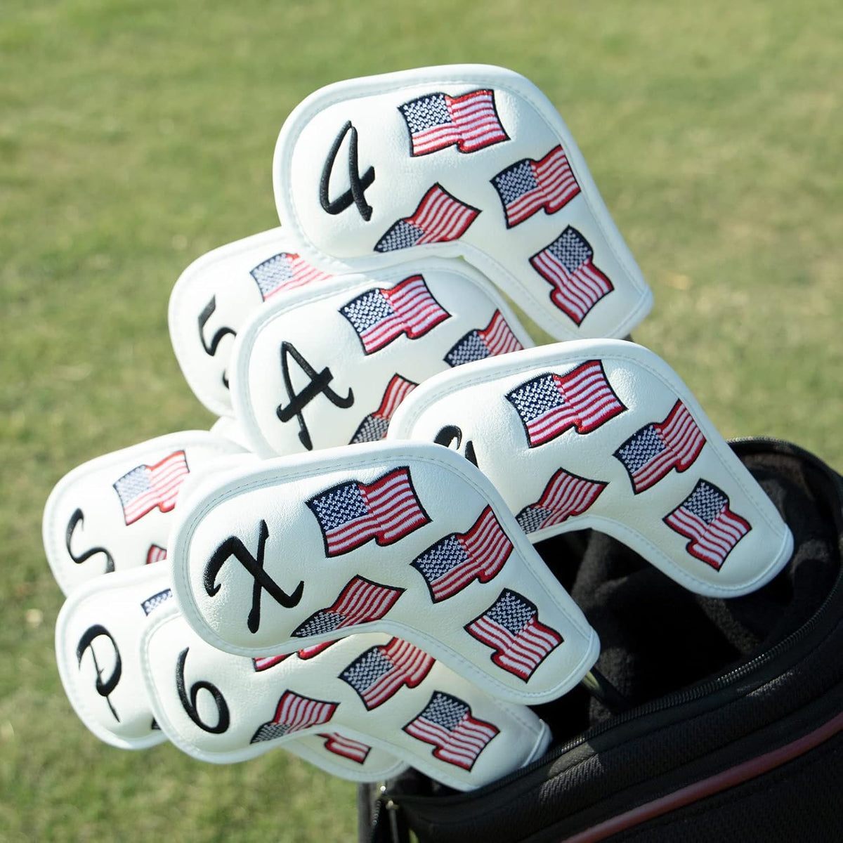 US Flag Golf Iron Covers Headcovers - 10pcs Patriotism Golf Club Covers for Irons - White Synthetic Leather Golf Iron Wedge Head Covers fits for PXG, Taylormade, Mizuno JPX MP, Etc.