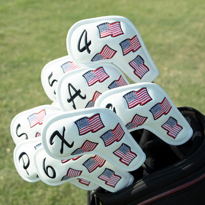 US Flag Golf Iron Covers Headcovers - 10pcs Patriotism Golf Club Covers for Irons - White Synthetic Leather Golf Iron Wedge Head Covers fits for PXG, Taylormade, Mizuno JPX MP, Etc.