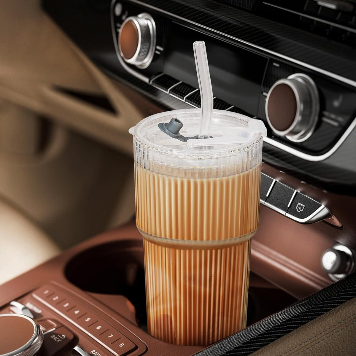 2 Pack 20 Oz Glass Cups with Lids and Straws Iced Coffee Cups Vintage Ribbed Glassware for Beer Ice Coffee Fruit Juice Elegant Aesthetic Cup Glass