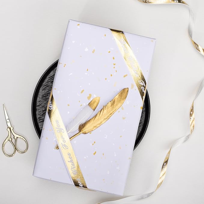 MAYPLUSS Thick Wrapping Paper Roll - 17Inch x 16.5Feet - Romantic Gold Shiny Flakes on Matte White Heavy Gift Wrap Paper with Silky Touch for Wedding, Birthday, Holiday, Christmas