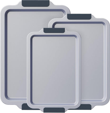 BRONYPRO Non Stick Ceramic Baking Sheet Pan Set of 3, Non Toxic Cookie Sheets (PFOA/PTFE Free), Aluminized Steel Oven Trays with Silicone Handles, Rust-Resistant, Warp-Resistant to 500°F, Blue Gray
