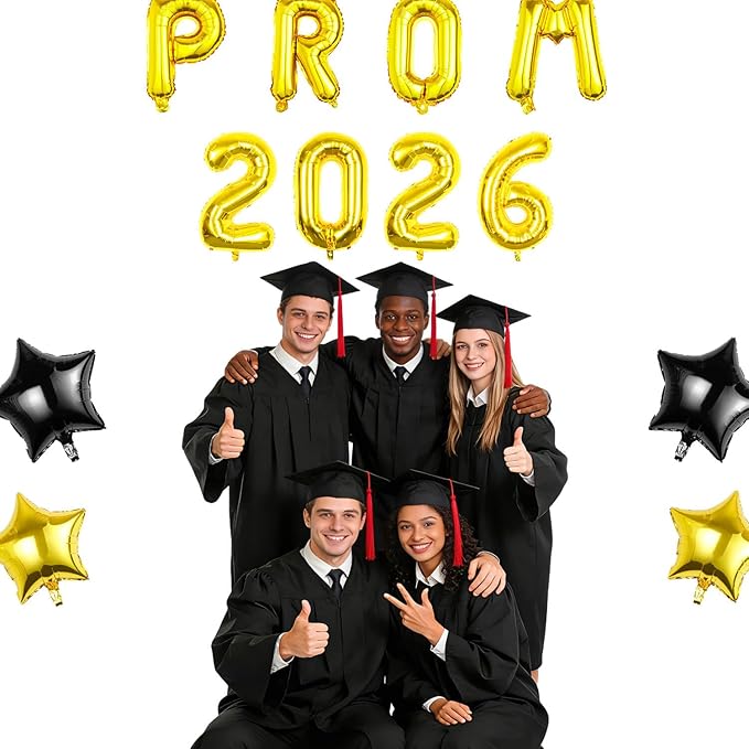 Prom 2026 Balloons Decorations, 16 Inch Foil Letter Number Balloons with 18 Inch Black Gold Star Balloons for High School College Graduation Gift Retirement Ins Photo Party Supplies