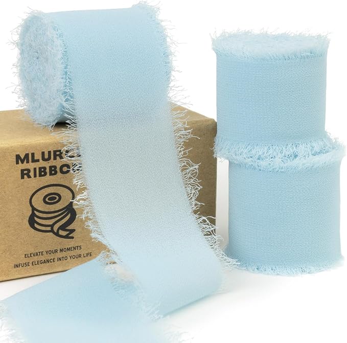 Baby Blue Chiffon Silk Ribbon - 1-1/2 Inch x 21 Yards, Frayed, Light Blue, Boho Style for Gift Wrapping, Wedding Invitation, Bridal Flower Bouquets