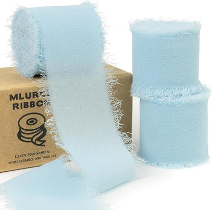 Baby Blue Chiffon Silk Ribbon - 1-1/2 Inch x 21 Yards, Frayed, Light Blue, Boho Style for Gift Wrapping, Wedding Invitation, Bridal Flower Bouquets