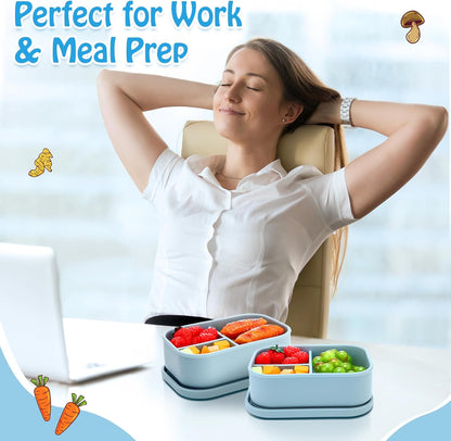 Honeydak 4 Pcs Silicone Bento Lunch Box 3 Compartment Reusable Leakproof Silicone Bento Lunch Container for Adults Microwave Dishwasher Freezer Safe(Blue)