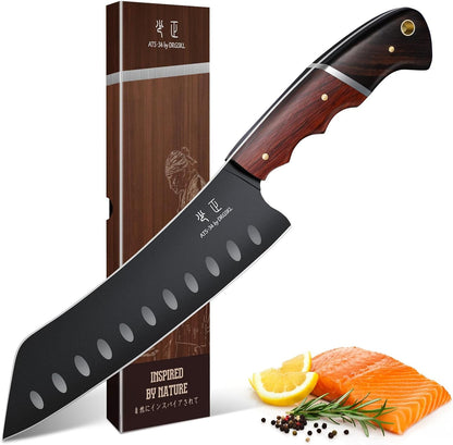 Santoku Knife 7 Inch - Japanese Chef Knife for Fish, Bunka Knife for Meat, Kiritsuke Knife for Vegetables, Black Slicing Knives with Full Tang Handle