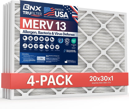 BNX TruFilter 20x30x1 Air Filter MERV 13 (4-Pack) - MADE IN USA - Electrostatic Pleated Air Conditioner HVAC AC Furnace Filters for Allergies, Pollen, Mold, Bacteria, Smoke, Allergen, MPR 1900 FPR 10