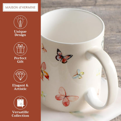 Maison d' Hermine Coffee Mug with Handles Fine Bone China Mugs Pack of One Tea Cups for Hot Beverages Cappuccino Latte Home Restaurant Office Perfect for Gift (Botanical Fresh - Butterflies, 12 Ounce)