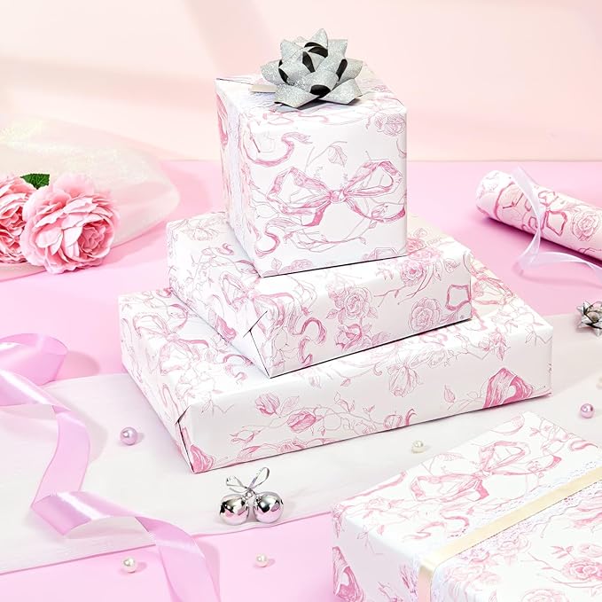 WERNNSAI Pink Bow Floral Wrapping Paper - 1 Roll 17”x 33 ft Vintage Flower Gift Wrap Paper Pink Bow Princess Gift Packing for Girls Bridal Shower Wedding Coquette Birthday Party Favor