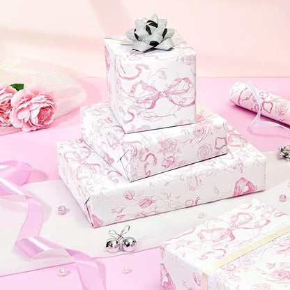 WERNNSAI Pink Bow Floral Wrapping Paper - 1 Roll 17”x 33 ft Vintage Flower Gift Wrap Paper Pink Bow Princess Gift Packing for Girls Bridal Shower Wedding Coquette Birthday Party Favor