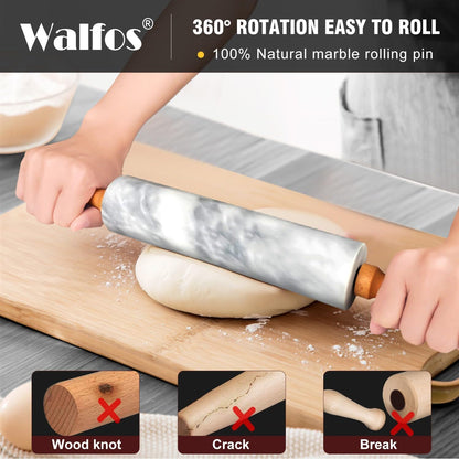 Walfos Marble Rolling Pin With Wooden Handles & Wood Cradle, 16.5 Inch Marble Rolling Pins For Making Pizza Dough And Tortillas