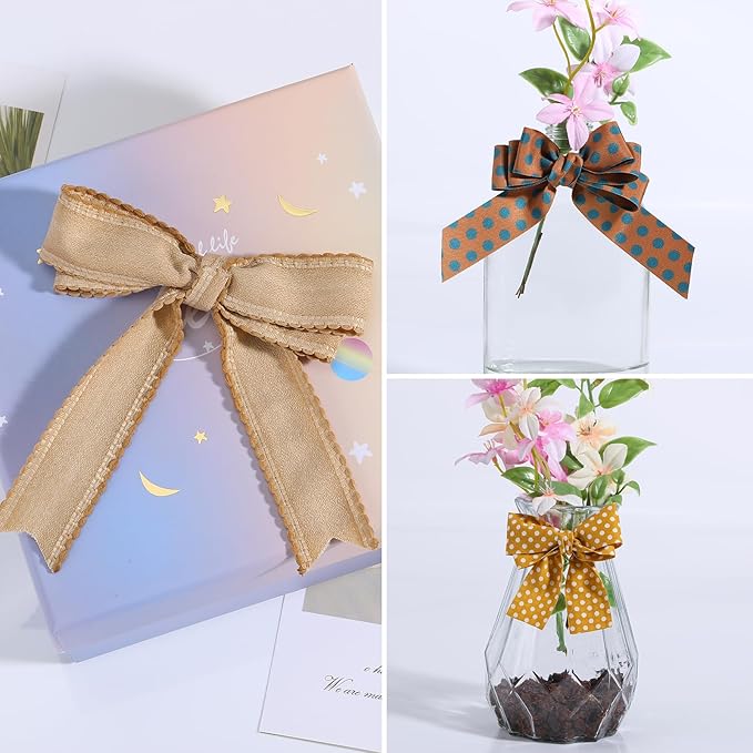 BEEFLYING 3 Styles Ginger Wire Edged Ribbons for Gift Wrapping, 25~28mm×2.7m Herrinbone Ribbons Spot Ribbons for Wedding Party Decoration Hair Bows Flower Designs Sewing and Craft, 9 Yards