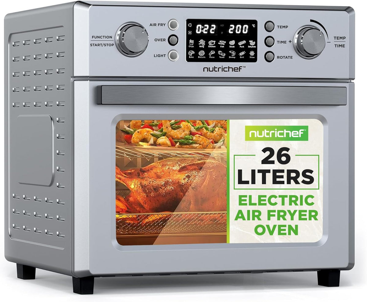 NutriChef 26L Electric Air Fryer Oven | 1700W Countertop Rotisserie & Air Fryer | 360° Rotating Feature | 10 Digital Menu Presets | Includes Drip Tray, Air Frying Basket & Bake Rack 15x16x14 (Silver)