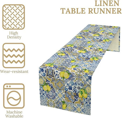Farmhouse Rustic Lemon Table Runner,Vintage Morocco Blue Tiles Mediterranean Summer Fruit Print Table Runner for Kitchen Dining Table Home Party Decor 13x60in