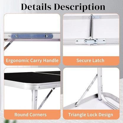 Outvita 6ft Portable Folding Camping Table, Outdoor Waterproof Adjustable Height Table, Aluminum Lightweight Suitcase Foldable Table for Picnic BBQ Beach Dining