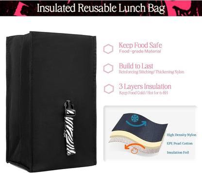 SUNNY BIRD Insulated Lunch Bag Rolltop Lunch Box Tote Bag for Women, Men, Adults and Teens (Black with white strap)