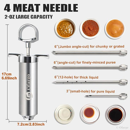 Ofargo Stainless Steel Meat Injector Syringe Kit with 4 Marinade Needles for BBQ Grill Smoker, Gifts for Men Dad Husband in Thanksgiving Christmas Day, 2-oz Large Capacity, Both Paper User Manual and E-Book Recipe