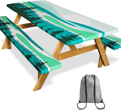 Picnic Table Cover with Bench Covers Camping Essentials Outdoor Reusable Waterproof Tablecloth with Storage Bag, Fitted Rectangle Tables and Seats, 96in, Green Landscape