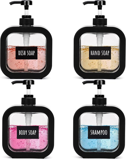 Segbeauty 16.9oz Black Hand Soap Dispenser, 4Pcs Leak-Proof Bathroom Hand Soap Dispensers, 500ml Dish Soap Dispenser for Kitchen Sink, Empty Refillable Plastic Conditioner Bottle with Pump and Labels