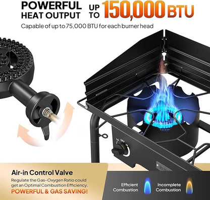 ROVSUN 2 Burner Outdoor Camping Stove with Wind Panel & Shelves, Heavy Sturdy Propane Burner, Gas Cooker with Detachable Legs & CSA Regulator for Home Camp Paito Cooking Frying Canning